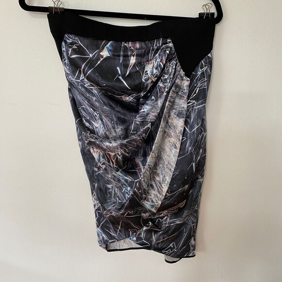 Helmut Lang SILK Cellophane Print Faux Tulip Hem Wrap Skirt Black Silver & Blue - Picture 9 of 12